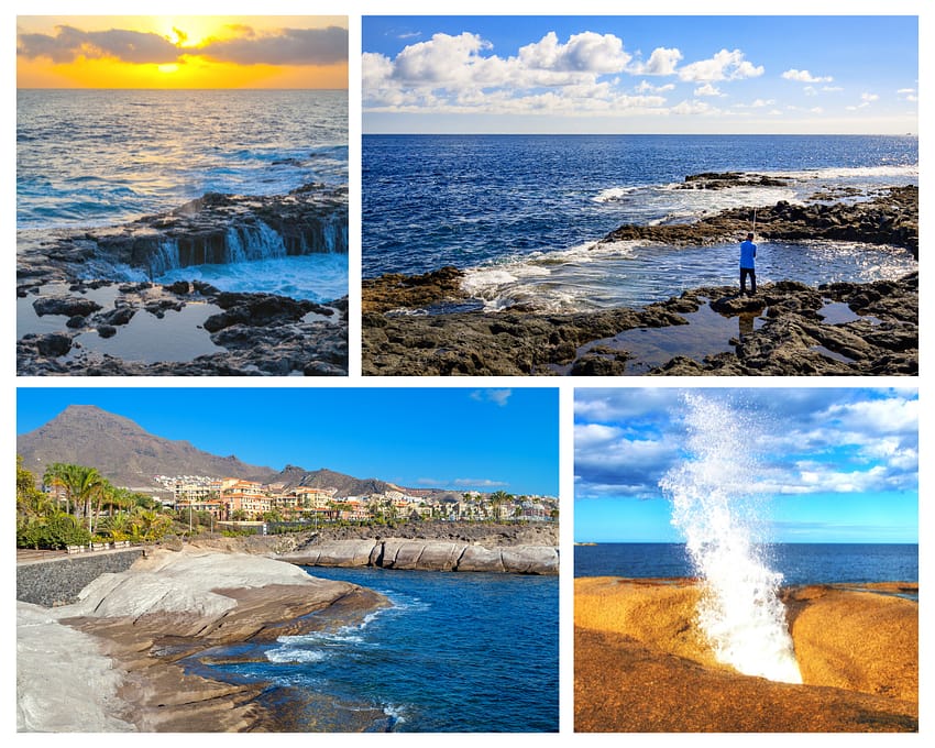 Photo collage of water spout (Bufadero) in Costa Adeje, Tenerife